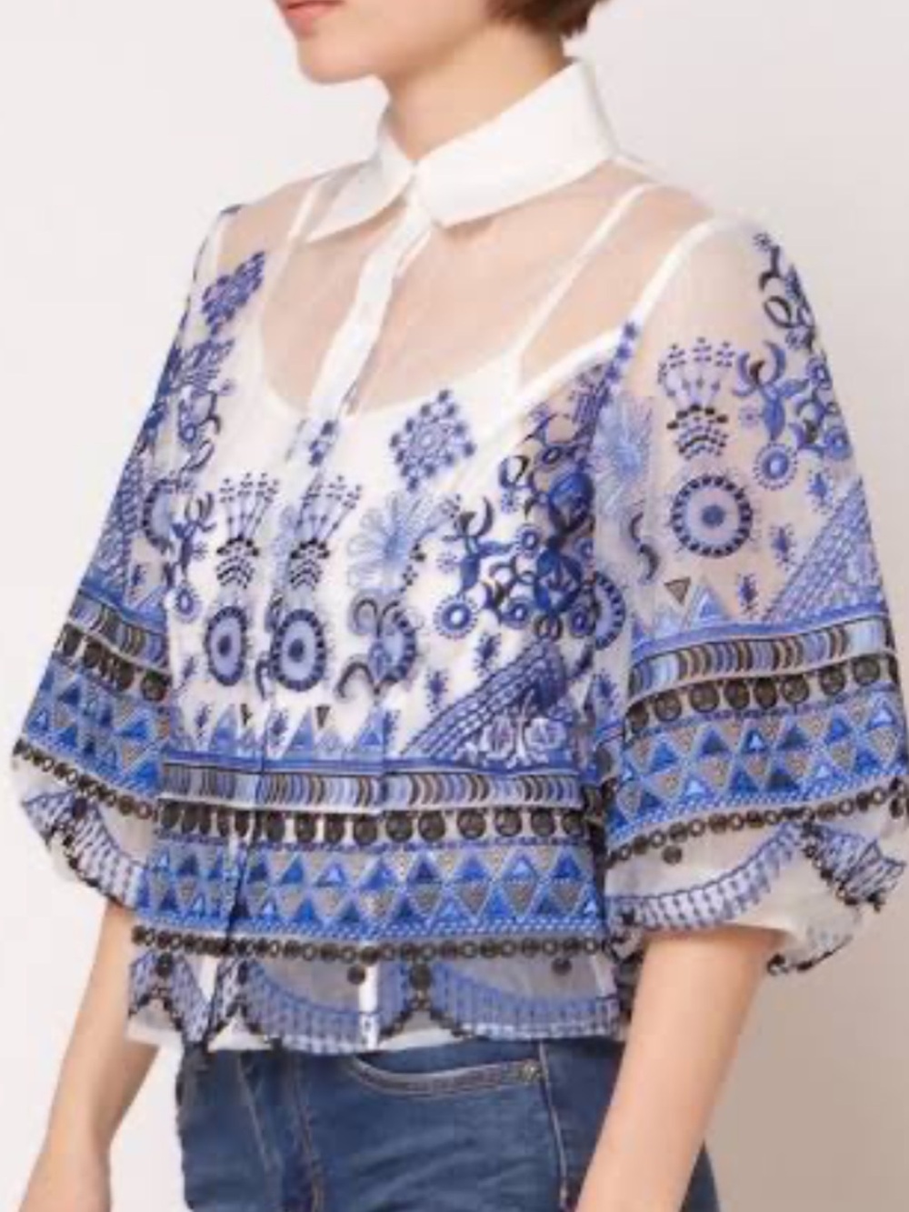 Gracia White Sheer Blouse with Blue Embroidery size small